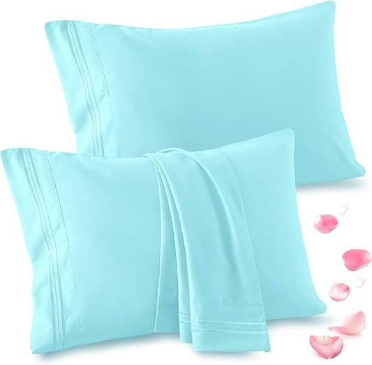 Vonty 2 Pack Queen Pillow Cases - 20x30 Inch, 1800 Thread Count Microfiber Pillowcases Queen Size Aqua Blue Pillow Cases Luxury & Soft Embroidered Bed Pillow Covers with Envelope Closure