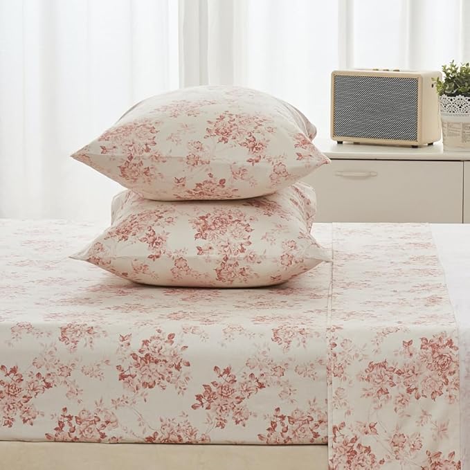 DAUAOTO 100% Cotton Sheets Set Twin Size Printed Bedding Sets, Up to 14" Deep Mattress, Toile Rose Floral Pattern Bedlinen Set, Pale Red