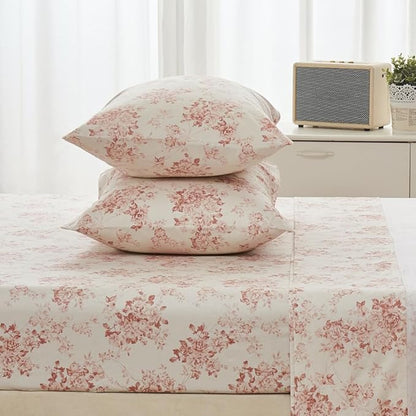 DAUAOTO 100% Cotton Bedding Printed Sheets Set for Full Size Bed Up to 14" Deep Mattress, Toile Rose Floral Pattern Bedlinen Sets, Pale Red