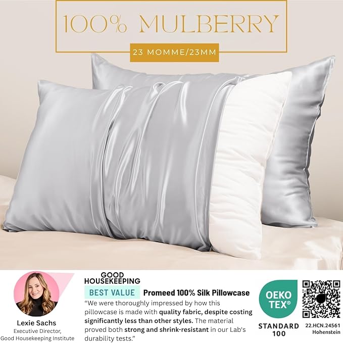 PROMEED 100% Mulberry Silk Pillowcase King for Hair and Skin with Zipper, Both Sides 23 Momme Pure Silk Pillow Case, Grade 6A+ Silk (King 20"x36", Light Grey)