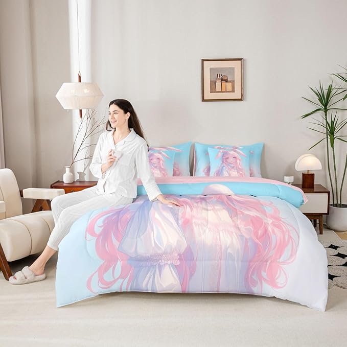 Erosebridal 3D Anime Girl Bedding Set,Japanese Girl Bed in A Bag Cartoon Anime Queen Comforter Set 7 Piece for Kids Teen Women Room Decor,Pink Kawaii Rabbit Doll Blue Bed Set