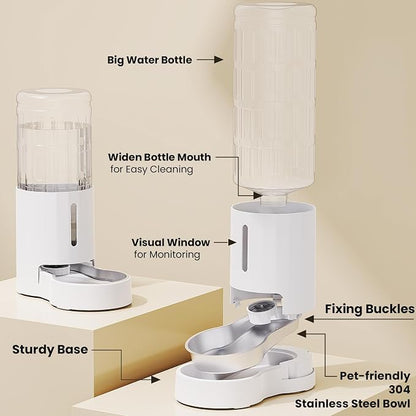CZPET Dog Water Bowl Dispenser 9.5L, Wider Mouth Gravity Refilling (White) | With Stainless Steel Bowl Gravity Waterer, Large Capacity and Drinking Area Noise-Free for Pets