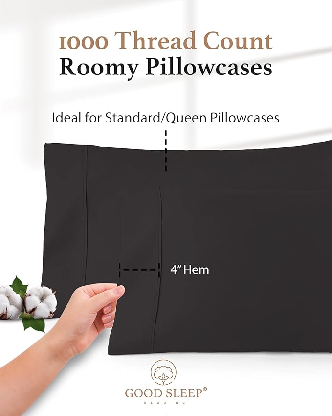 1000 TC Dark Gray Standard Pillowcases Set of 2 100% Egyptian Cotton Pillow Cases with Long Staple Cotton & Sateen Weave, Silky Soft Hotel - Like Bed Pillow Covers for Comfy Sleeping, Snug Fit