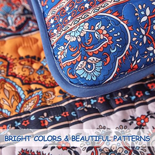 WONGS BEDDING Boho Queen Quilt Bedding Set, 3 Pieces Bedspread, Blue Orange
