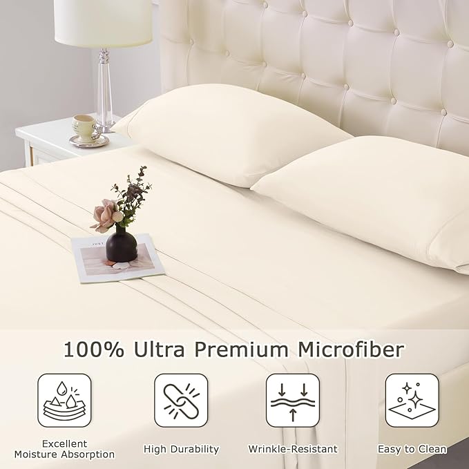 King Size Bed Sheet Set - 4 Piece Soft Microfiber Sheets with Deep Pockets, Cooling Technology, and Wrinkle-Free Pillowcase. Hotel-Quality, Durable Bedding, Cream