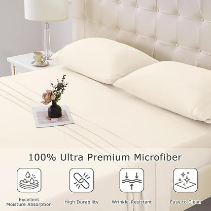 California King Size Bed Sheet Set - 4 Piece Soft Microfiber Sheets with Deep Pockets, Cooling Technology, and Wrinkle-Free Pillowcase. Hotel-Quality, Durable Bedding, Cream