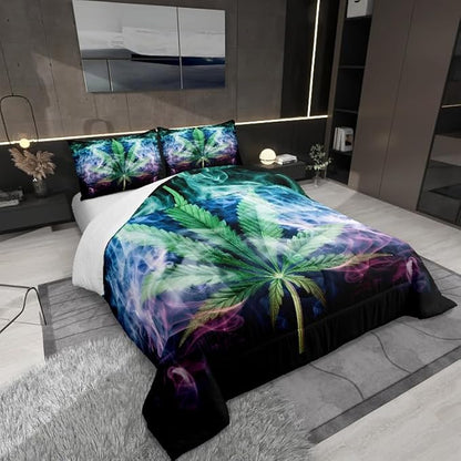 Castle Fairy Marijuana Leaf Bedding Set King Size Misty Cannabis Leaf Comforter Set for Girls Boys Teens Room Decor Wild Weed Plant Down Comforter Gothic Nature Plants Quilt Set with 2 Pillowcases
