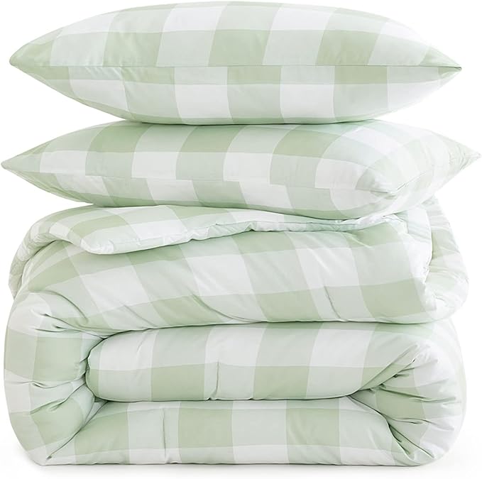 Wake In Cloud - Gingham Comforter Set, Plaid Buffalo Check Checkered Cottagecore Cute Geometric, Soft Lightweight Bedding, 3 Pieces, Sage Green, Queen Size