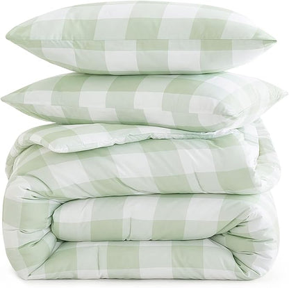 Wake In Cloud - Gingham Comforter Set, Plaid Buffalo Check Checkered Cottagecore Cute Geometric, Soft Lightweight Bedding, 3 Pieces, Sage Green, Full Size