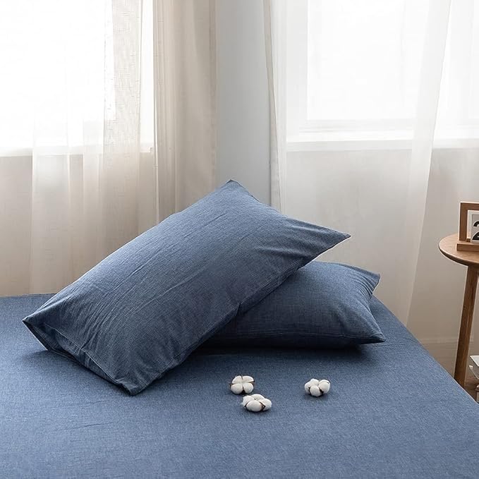 FACE TWO FACE Bedding Duvet Cover Set100% Washed Cotton Duvet Cover Linen Like Textured Breathable Durable Soft Comfy(Queen, Navy Blue)