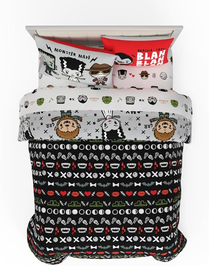 Universal Little Monsters Halloween Full Bed Set – Super Soft & Cozy 7 Piece Reversible Comforter and Sheet Set, (Officially Licensed Product) by Franco