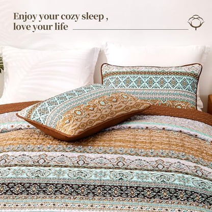 WONGS BEDDING Boho Full Quilt Bedding Set, 3 Pieces Soft Bedspread,Brown