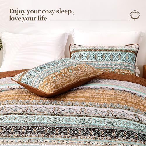 WONGS BEDDING Boho Quilts Twin Size, 2 Pieces Bedspread Bedding Set, Brown