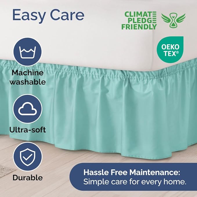 Wrap Around Dust Ruffle Bed Skirt - Spa Blue - for Full Size Beds with 12 Inch Drop - Easy Fit Elastic Strap - Adjustable Pleated Bedskirt w/Brushed Fabric Wrinkle Free - for Women, Men, Kids & Teens
