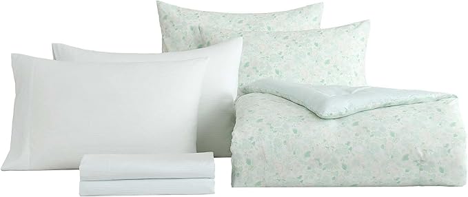 Laura Ashley - Queen Comforter Set, Soft & Reversible Floral Bedding with Bonus Bed Sheets & Pillowcases, 7 Piece Bed Set for Year Round Comfort (Quartet Jaynie Ticking/Stripe Blue)