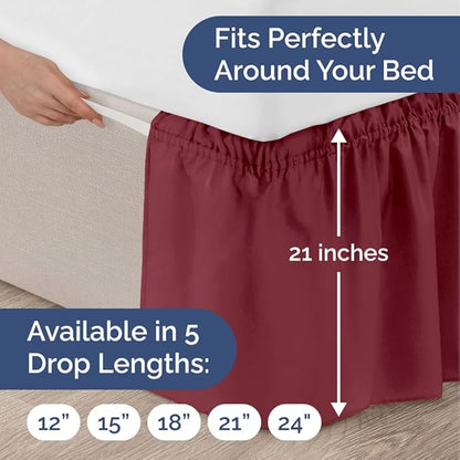 Wrap Around Dust Ruffle Bed Skirt - Burgundy - for King Size Beds with 21 Inch Drop - Easy Fit Elastic Strap - Adjustable Pleated Bedskirt w/Brushed Fabric Wrinkle Free - for Women, Men, Kids & Teens