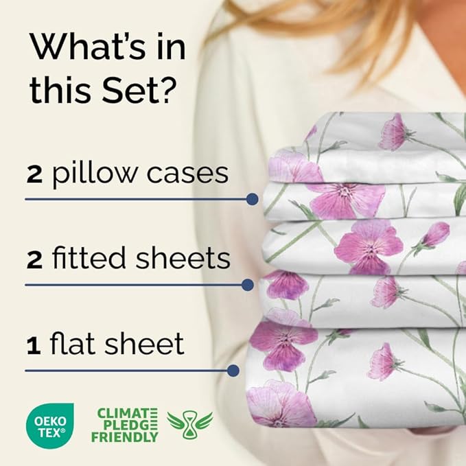 Floral Sheets - Pink Floral Bed Sheet Set - 1 Flat, 2 Fitted & 2 Pillowcases w/ Deep Pockets - Wrinkle & Fade Free - Boho Botanical Bedding - Ultra-Soft, Breathable and Cooling - Split King Size Set