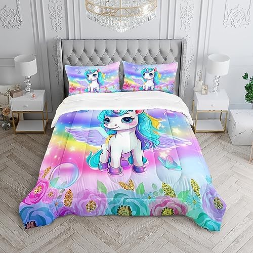 Kid Unicorn Comforter Set Full Size 3Pcs Butterfly Rainbow Flower Star Pattern Quilt Bedding Set for Boys Girls with 1 Comforter and 2 Pillowcases
