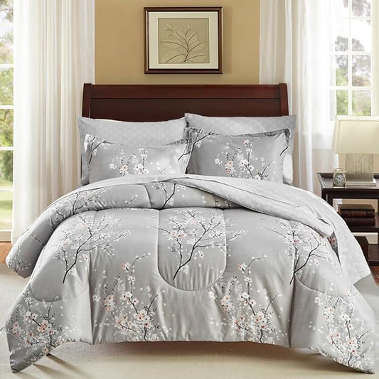 AIKASY Bed in a Bag 6 Pieces Twin Size - Floral Print - Soft Microfiber, Reversible Bed Comforter Set (1 Comforter, 2 Pillow Shams, 1 Flat Sheet, 1 Fitted Sheet, 1 Pillowcases)（Grey, Twin）