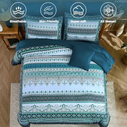 Teal Blue Boho Comforter Set Queen Size,8 Pieces Striped Bed in a Bag