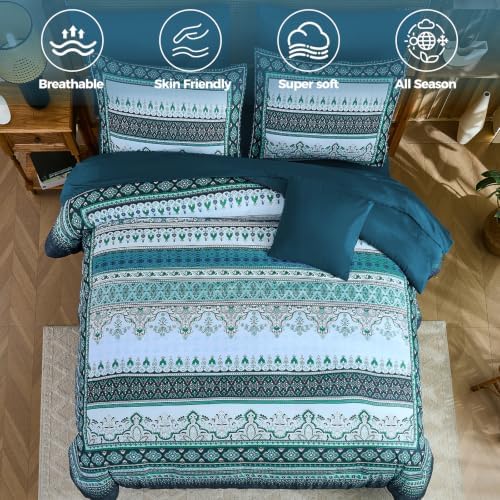 Teal Blue Boho Comforter Set King Size,8 Pieces Striped Bed in a Bag