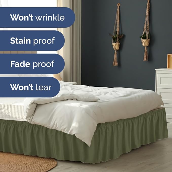 Wrap Around Dust Ruffle Bed Skirt - Sage Green - for Full Size Beds w/ 14 Inch Drop - Easy Fit Elastic Strap - Adjustable Pleated Bedskirt with Brushed Fabric, Wrinkle Free Women, Men, Kids and Teens