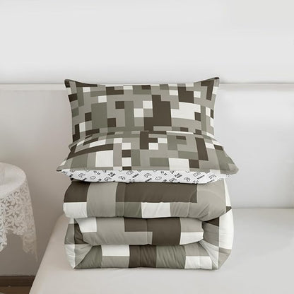Miners Pixel Checked Kids Comforter Set Full Size,Cartoon Gamepad Video Games Bedding Set,Boys Room Decor,Geometric Grid Patchwork Quilt Comforter,Gray White Duvet Set Bedroom Quilt Set,2 Pillowcases
