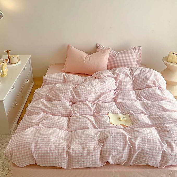 Nayoroom Pink Gingham Comforter Set Twin Size Plaid Checkered Dorm Bedding Set 2 Pieces Soft Lightweight Farmhouse Grid Comforter for All Seasons (1 Comforter, 1 Pillowcase)