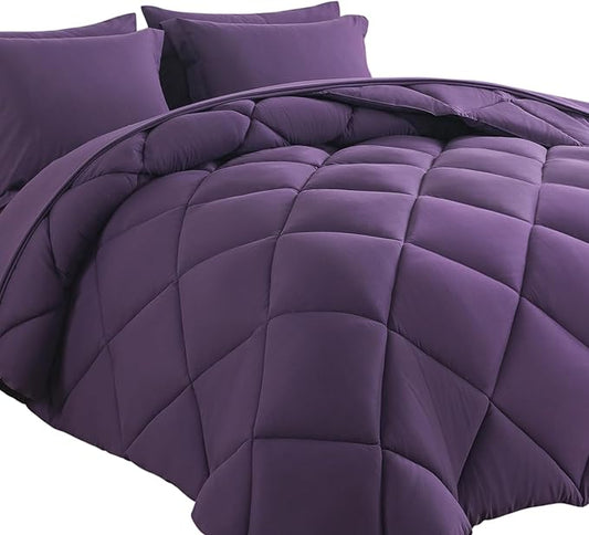Cosybay Bed in a Bag King Comforter Sets 7pcs All Season Solid Down Alternative Bedding Sets Purple with Comforter, Pillow Shams, Flat Sheet, Fitted Sheet and Pillowcases