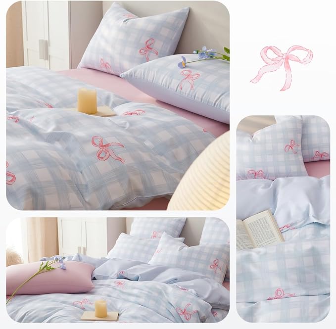Comforter Set Twin Size - 2 Pieces Blue Pink Bows Comforter Set Gingham Checkered Bedding Sets,Twin Bed in a Bag Plaid Comforter and 1 Pillowcase,Back to School Comforter