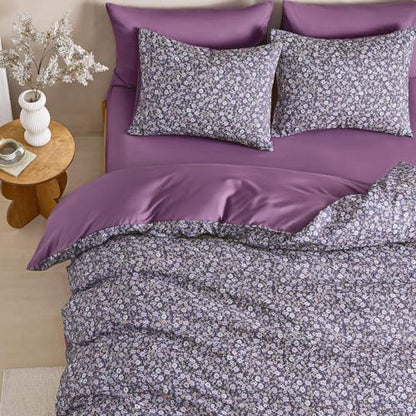 Wake In Cloud - Floral Comforter Set, Cute Vintage Flower Cottagecore Aesthetic for Women Teen Girls, Soft Lightweight Dorm Bedding, 3 Pieces, Dusty Purple, Queen Size