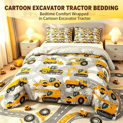 Castle Fairy Boys Cartoon Truck Bedding Set Kids Construction Cars Comforter for Kids Children Machinery Vehicles Comforter Set Construction Site Cars Duvet Set King Size 3Pcs