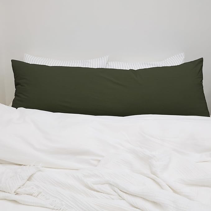MooMee Body Pillow Cover Pillowcase with Zipper 100% Washed Cotton Linen Like Textured Breathable Durable Soft Comfy (Olive Green, 21”x54”, 1PC)