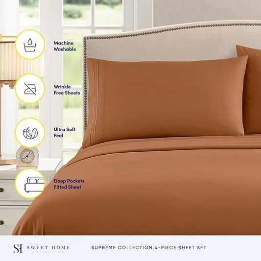 1800 Supreme Collection - Breathable Luxury Full Size Sheet Set with Full Elastic & Secure Corner Straps Built In - Extra Soft Deep Pocket Bedding, Mocha