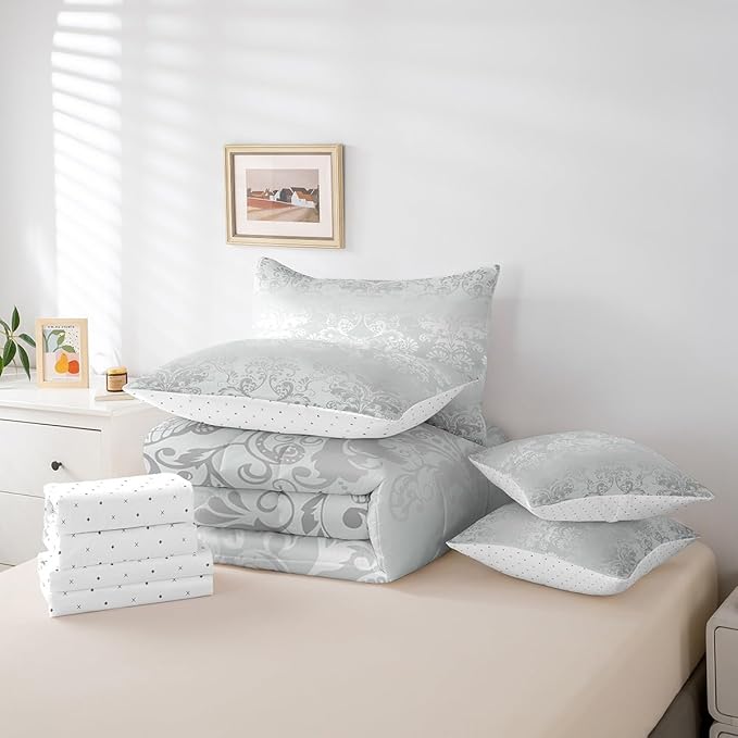 Erosebridal Gothic Damask Bed in a Bag King Size Comforter Set 7 Pieces,Exotic Moth Bedding Sets Silver White Victorian Floral Goth Sheet Set with Comforter