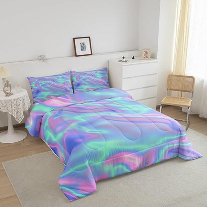 Ombre Tie Dye Bedding Set King, Psychedelic Gradient Comforter, Girls Dreamy Rainbow Bedding, Princess Green Purple Quilted Duvet Bedroom Decor, Girly Colorful Print Bedding Sets & Collections, 3Pcs
