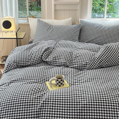 LifeTB Black Gingham Comforter Full Size Boho Plaid Checkered Pattern Comforter Geometric Grid Plaid Printed Bedding Comforter Set with 2 Pillowcases Fluffy Bed Luxury Soft Gingham Bedding Set Full
