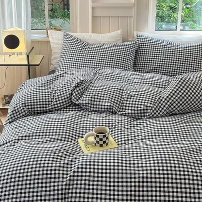 LifeTB Black Gingham Comforter Full Size Boho Plaid Checkered Pattern Comforter Geometric Grid Plaid Printed Bedding Comforter Set with 2 Pillowcases Fluffy Bed Luxury Soft Gingham Bedding Set Full