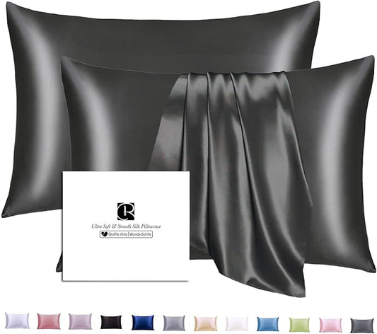 Ravmix Silk Pillow Cases 2 Pack with Zipper, 21momme Mulberry Silk Pillowcase for Hair Skin, Soft Smooth Breathable Cool Pillow Cover for Beauty Sleep with Gift Box(Standard 20"x26", Black)