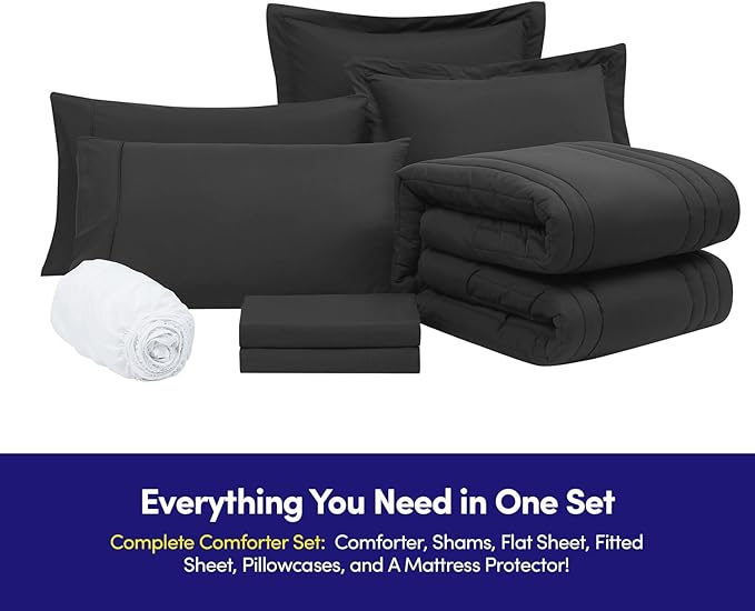 Full Size Comforter Set Quilted Stripe Bedding Bundle – Comforter, Mattress Protector, Sheets with Pockets on the Side & Built-in Corner Strap – Fitted Sheet Media Pocket for Devices, Black