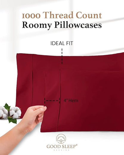1000 TC Burgundy Standard Pillowcases Set of 2 100% Egyptian Cotton Pillow Cases with Long Staple Cotton & Sateen Weave, Silky Soft Hotel - Like Bed Pillow Covers for Comfy Sleeping, Snug Fit