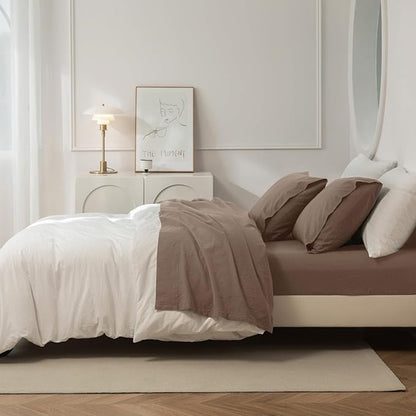 JIYUAN Twin Size Sheet Set, 3-Piece - 100% Washed Cotton, Linen-Like Soft & Breathable, Includes Deep Pocket Fitted & Flat Sheet with 1 Pillowcases, Hotel Quality, Solid Light Brown