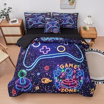 MWMWMW 6 Pcs Boys Comforter Set Full Size, Gaming Comforter Sets for Boys, 3D Video Game Bed in a Bag Full for Kids Girls with 1Comforter, 1Flat Sheet, 1Fitted Sheet, 1 Pillow Cover, 2Pillowcases
