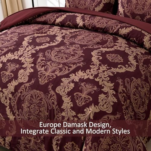 WONGS BEDDING Burgundy Comforter Set Full Size, Maroon Damask Texture 7 Pieces Bed in a Bag Microfiber Comforter Bedding Sets -1 Comforter, 1 Flat Sheet, 1 Fitted Sheet, 2 Pillow Shams,2 Pillowcases