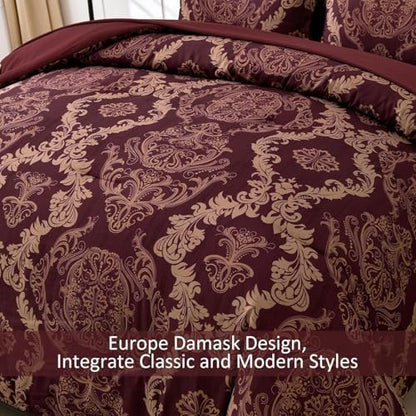 WONGS BEDDING Burgundy Comforter Set Full Size, Maroon Damask Texture 7 Pieces Bed in a Bag Microfiber Comforter Bedding Sets -1 Comforter, 1 Flat Sheet, 1 Fitted Sheet, 2 Pillow Shams,2 Pillowcases