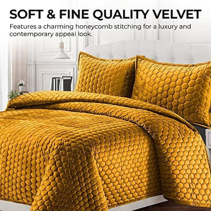 Tribeca Living Lugano Oversized Velvet Quilt Set - All Season, Extra Large, 3 Piece King Size Comforter Set with 2 Pillow Shams in Gold Honeycomb Pattern 260GSM
