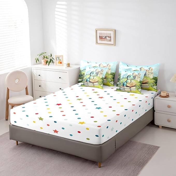 Kawaii Dinosaur Comforter Set King Size,Castle Mountain Scenery Bedding Set for Kids Teens,Cartoon Wild Animal (Comforter+Fitted+Flat Sheet+2 Pillowcases+2 Throw Pillow Covers) 7 Pieces