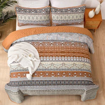 WONGS BEDDING Boho Queen Quilt Bedding Set, 3 Pieces Bedspread, Brown Grey