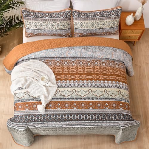 WONGS BEDDING Boho King Quilt Bedding Set, 3 Pieces Bedspread, Brown Grey