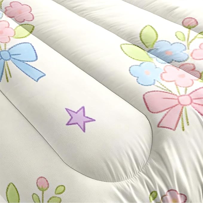 Girls Botanical Flowers Bedding Set Twin Size, 2 Pieces Pink White Floral Comforter Set, 100% Microfiber, Includes 1 Comforter (68" x 90") and 1 Pillowcase